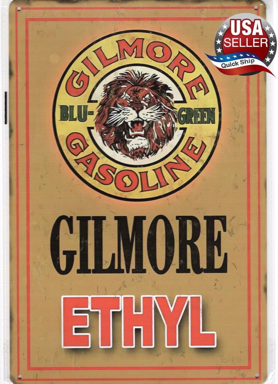 Retro Tin Sign • Petroliana • Gilmore Lion • Blue-Green Gasoline • Gilmore Ethyl
